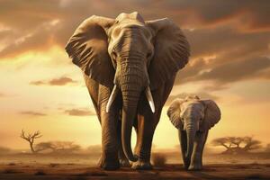 ai gegenereerd detailopname portret olifant en kind olifant Aan blauw lucht achtergrond op zoek naar beneden foto