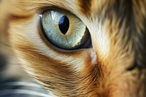 ai gegenereerd banier van een dichtbij omhoog van een gestreept kat gezicht met blauw ogen en neus- foto