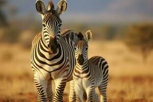 ai gegenereerd portret van een zebra met jong weinig kind zebra staand tegen een groen struik foto