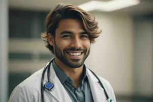 ai gegenereerd glimlachen jong mannetje dokter in een wit jas, een stethoscoop Bij een ziekenhuis. pro foto