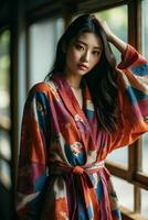 ai gegenereerd verbijsterend mooi jong Aziatisch vrouw met hoog contrast schaduw en modieus stijl. pro foto
