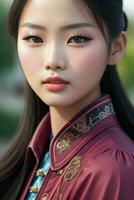 ai gegenereerd verbijsterend mooi jong Aziatisch vrouw met hoog contrast schaduw en modieus stijl. pro foto