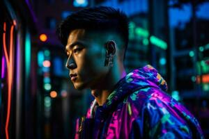 ai gegenereerd jong Aziatisch gespierd Mens met heup hop stijl met neon licht Bij straat. pro foto