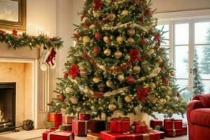 ai gegenereerd Kerstmis boom met cadeaus en haard. pro foto