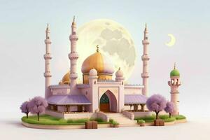 ai gegenereerd 3d geven moskee, maan en bloemen met pastel kleuren. eid mubarak en eid al adha. pro foto