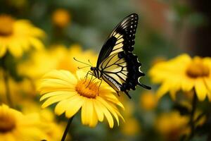ai gegenereerd een geel en zwart vlinder baars Aan een geel bloem foto