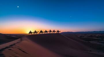 ai gegenereerd caravan op reis over- duinen in de woestijn foto