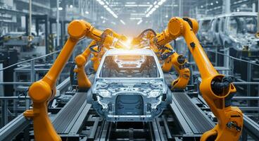 ai gegenereerd auto fabriek transportband riem montage lijn productie met robots en kunstmatig intelligentie- foto