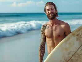 ai gegenereerd fit en knap mannetje surfer Holding een surfboard Aan oceaan oever. vakantie en reizen levensstijl foto