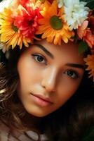 ai gegenereerd een dichtbij omhoog beeld van een vrouw met bloem in de omgeving van haar hoofd foto