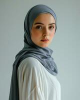 ai gegenereerd een mooi dame in een elegant hijab vervelend hedendaags mode foto