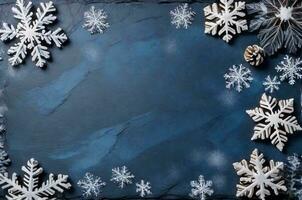 ai gegenereerd Kerstmis achtergrond met sneeuwvlokken en kegels Aan blauw leisteen textuur. top visie, kopiëren ruimte. winter plat leggen. foto