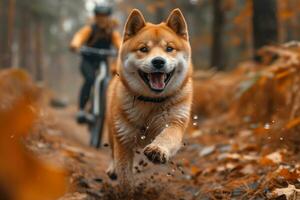 ai gegenereerd shiba inu hond loopt met een fietser Aan een wandelen foto