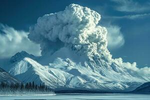 ai gegenereerd ver weg uitbarsting van vulkaan in besneeuwd arctisch landschap foto