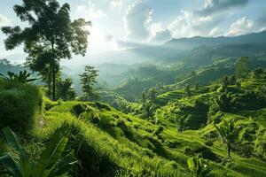 ai gegenereerd groen tropisch berg landschap met terrasvormig velden foto