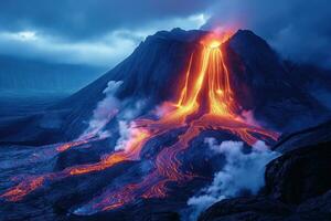 ai gegenereerd dichtbij visie van een vulkanisch krater gedurende een uitbarsting met streams van helder vloeistof lava foto