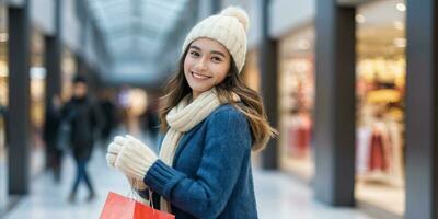 ai gegenereerd een glimlachen jong vrouw in winter kleding Holding boodschappen doen zak foto