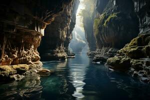 ai gegenereerd mooi visie van de diep karst Ravijn met Doorzichtig turkoois water in de bergen foto