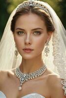 ai gegenereerd een mooi bruid vervelend een bruiloft jurk en sieraden foto