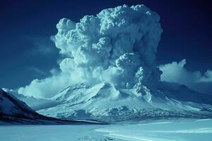 ai gegenereerd vulkanisch uitbarsting met besneeuwd verkoudheid landschap foto