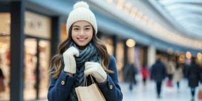 ai gegenereerd een glimlachen jong vrouw in winter kleding Holding boodschappen doen zak foto