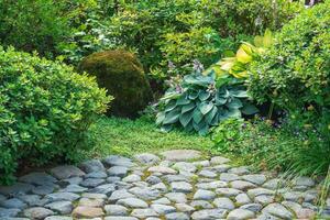 sectie van een Japans tuin, een fragment van een geplaveid pad, planten en bemost rots foto