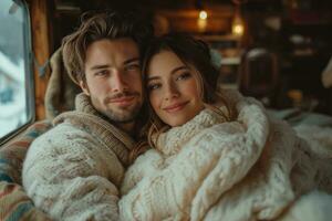 ai gegenereerd jong paar in warm truien in een alpine toerist onderdak gedurende een reizen foto