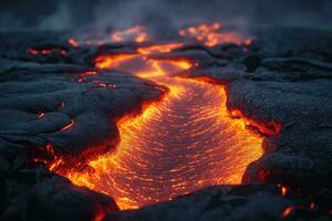 ai gegenereerd vloeiende gesmolten heet vulkanisch lava dichtbij omhoog foto