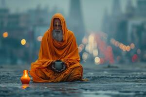 ai gegenereerd stijgen sadhu zit in lotus positie Aan de straat Bij schemer met een bedelen mok foto