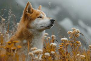 ai gegenereerd shiba inu hond overweegt eerste sneeuw Aan herfst alpine weide foto