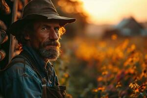 ai gegenereerd portret van een ouderen dorpeling Bij zonsondergang foto