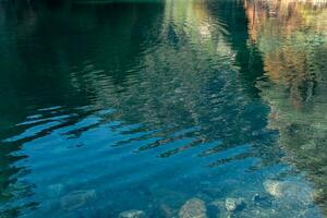golvend water oppervlakte van een Doorzichtig Woud meer met reflectie van bergen en lucht foto