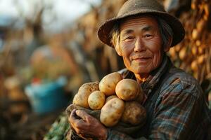 ai gegenereerd Aziatisch boer met geoogst aardappelen foto