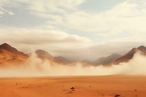 ai gegenereerd zandstorm in bergachtig woestijn foto