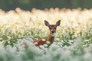 ai gegenereerd een hert in een veld- van wit bloemen selectief focus foto