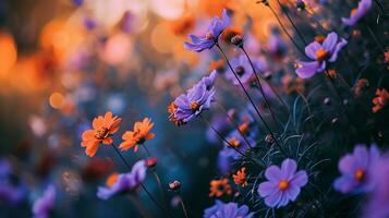 ai gegenereerd een wazig foto van Purper en oranje bloemen