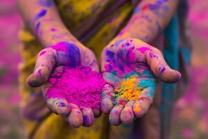 ai gegenereerd beeld van handen besmeurd met helder holi kleuren poeder foto