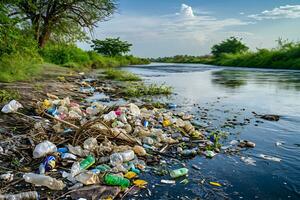 ai gegenereerd water verontreiniging met een vervuild oever van de rivier bezaaid met plastic verspilling foto