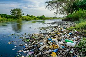 ai gegenereerd water verontreiniging met een vervuild oever van de rivier bezaaid met plastic verspilling foto