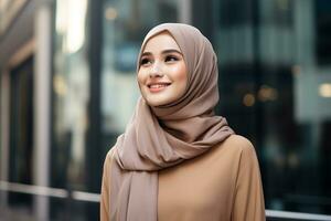 ai gegenereerd een vrouw vervelend hijab staand in voorkant gebouw foto