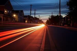 ai gegenereerd een fotograaf van licht spoor Bij avond foto