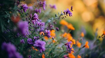 ai gegenereerd een wazig foto van Purper en oranje bloemen