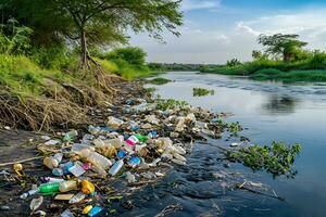 ai gegenereerd water verontreiniging met een vervuild oever van de rivier bezaaid met plastic verspilling foto