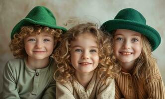 ai gegenereerd drie kinderen zijn gelukkig en poseren voor st Patrick dag foto's foto