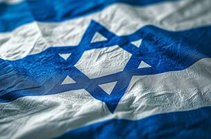 ai gegenereerd een dichtbij omhoog van een wit en blauw Israëlisch vlag foto