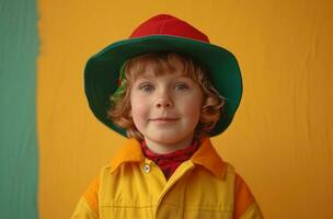 ai gegenereerd een kind vervelend groen en rood hoed jongen foto