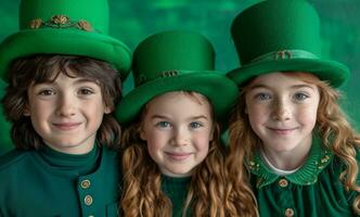 ai gegenereerd kinderen in groen kostuums poseren voor een foto Aan st patricks vakantie