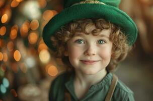 ai gegenereerd weinig jongen in groen elf van Ierse folklore hoed glimlachen elf van Ierse folklore foto
