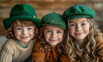 ai gegenereerd drie kinderen zijn gelukkig en poseren voor st Patrick dag foto's foto