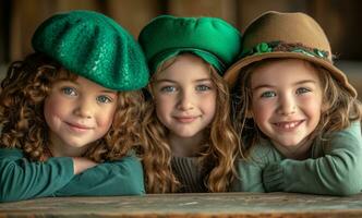 ai gegenereerd drie kinderen zijn gelukkig en poseren voor st Patrick dag foto's foto